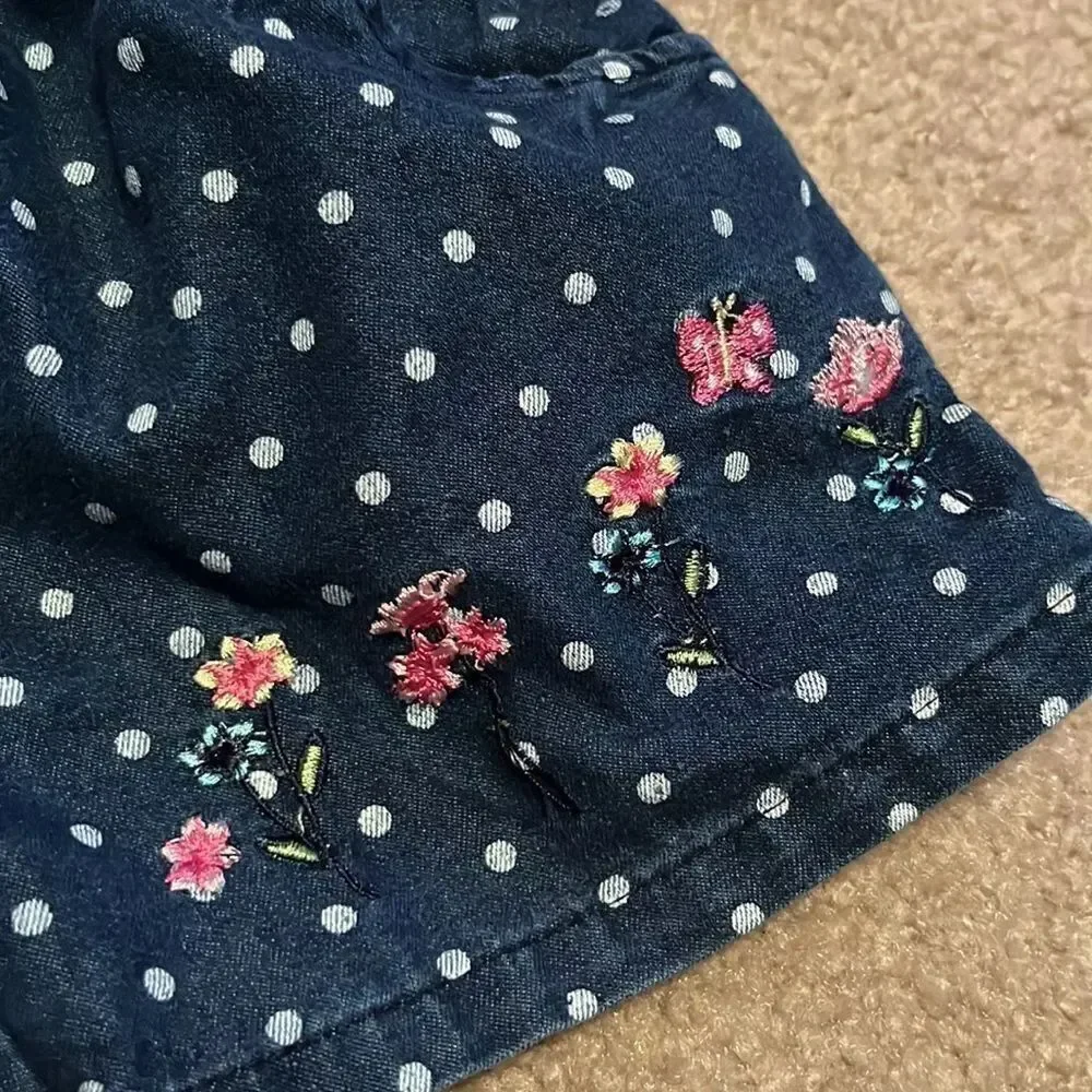 Real Love Denim Polka Dot Spaghetti Strap Romper with Lace and Bow- Size 3T